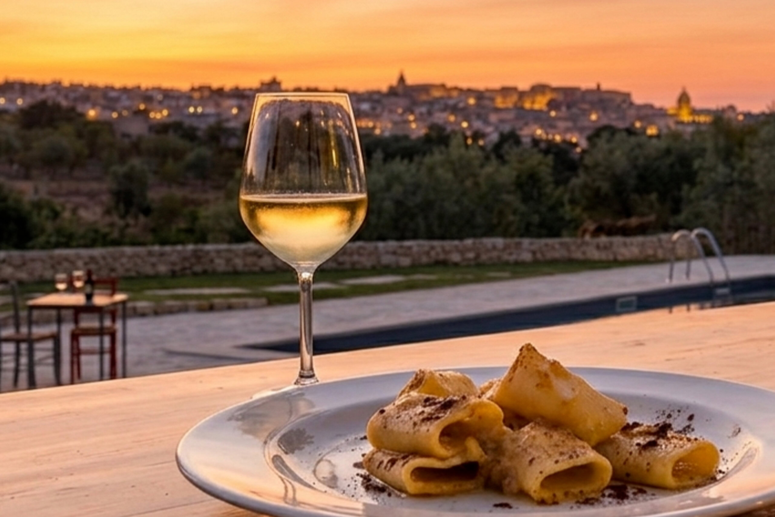 Ein Tablett mit Pasta und einem Glas Weißwein bei Sonnenuntergang, mit Panoramablick auf Noto.